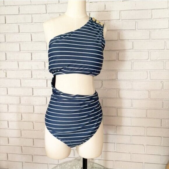 J.Crew Women’s Cutout one-piece full-coverage swimsuit in navy stripe - Size 20 - Picture 7 of 9